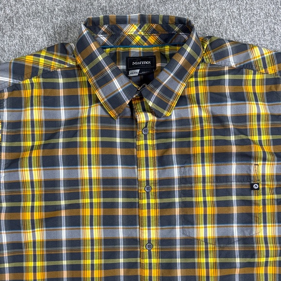 Marmot Checked Plaid Button Shirt Men’s XXL Black And Yellow Short Sleeve Hiking - Picture 2 of 10
